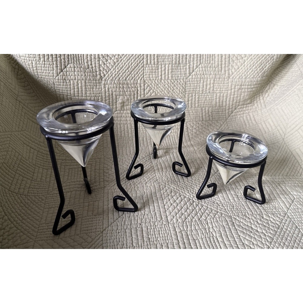 Vtg MCM Wrought Iron Glass Tea Light Holders Set of3 Glass Cone Votives Graduate